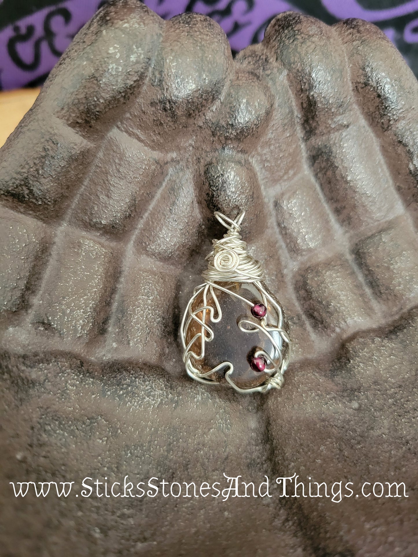 Smoky Quartz with Garnet Wire-Wrapped Pendant