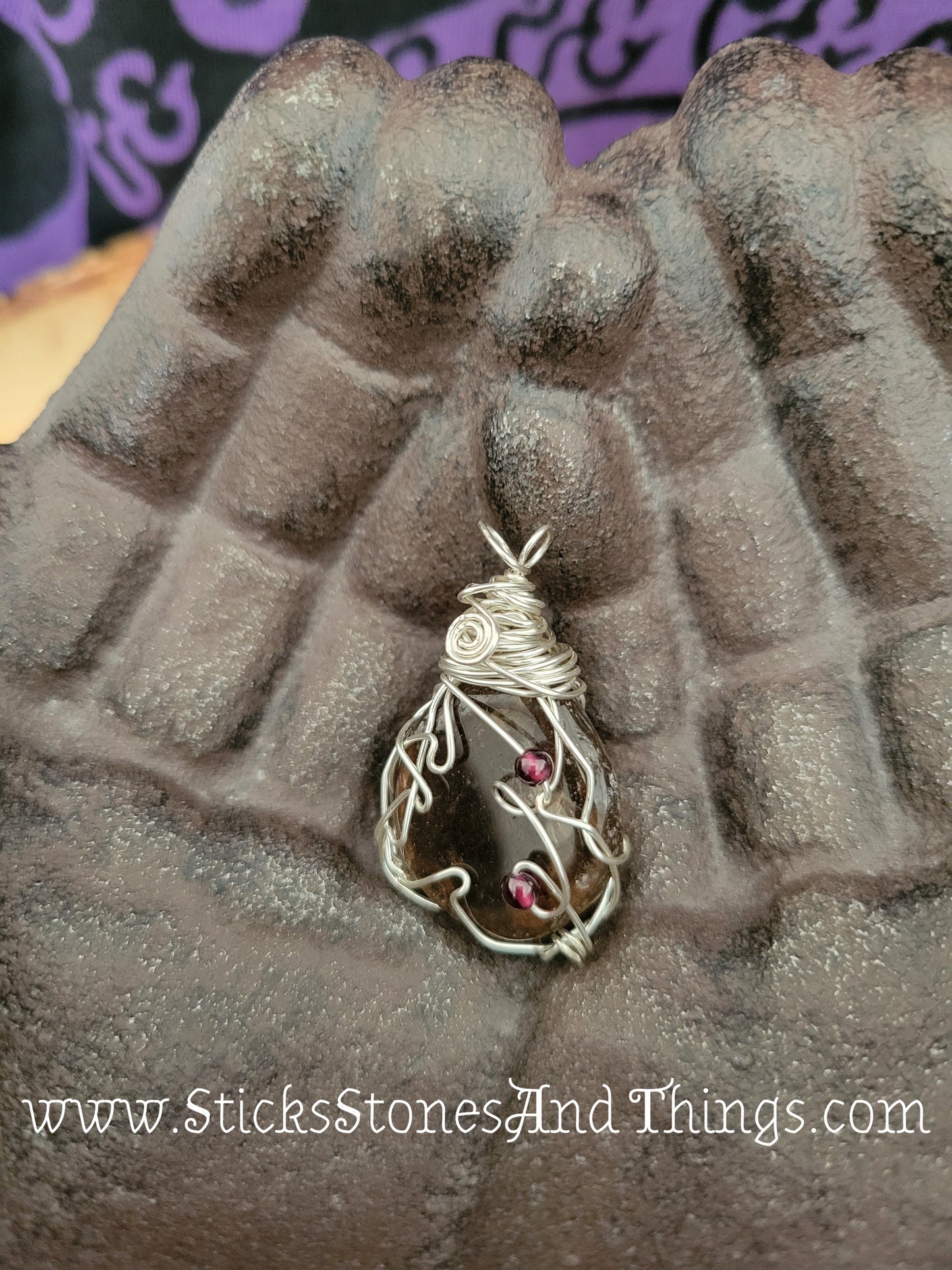 Smoky Quartz with Garnet Wire-Wrapped Pendant