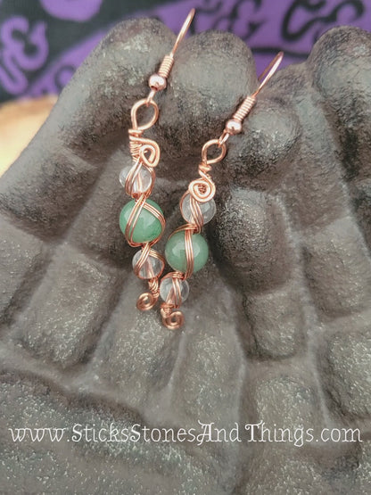 Green Aventurine and Clear Quartz Wire-Wrapped Earrings