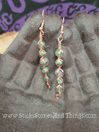 Moss Agate, Rainbow Fluorite, and Tree Agate Wire-Wrapped Earrings