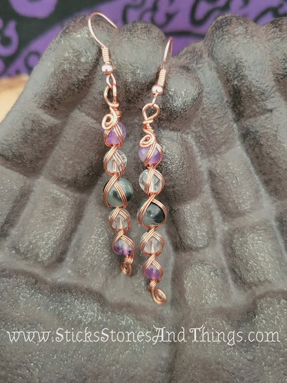 Moss Agate with Amethyst and Clear Quartz Wire-Wrapped Earrings