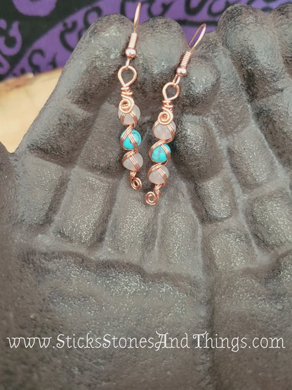 Rose Quartz and Turquoise Wire-Wrapped Earrings