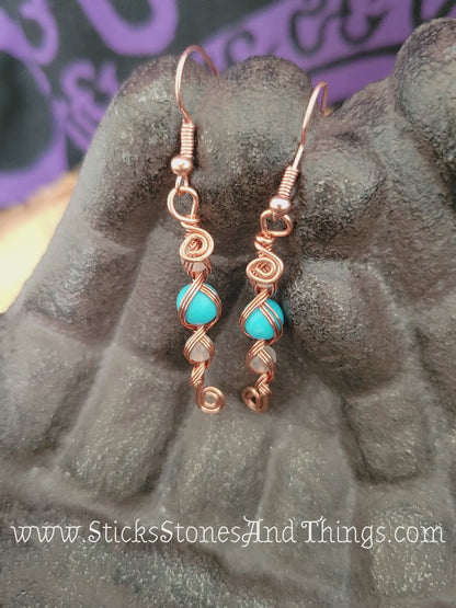 Rose Quartz and Turquoise Wire-Wrapped Earrings