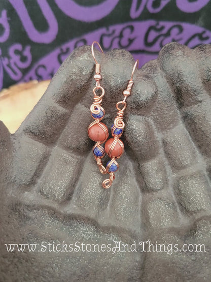 Lapis Lazuli and Red Jasper Wire-Wrapped Earrings