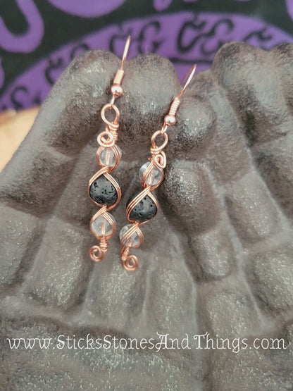 Lava Rock with Clear Quartz Wire-Wrapped Earrings